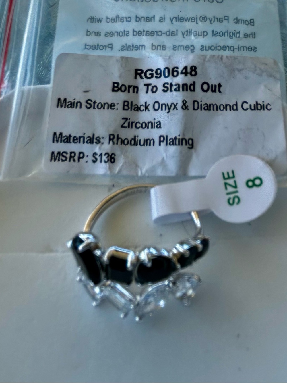 BP OG Rhodium-Plated Black Onyx & Cubic Zirconia Ring (Size 8)